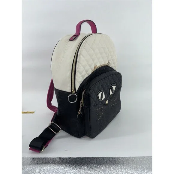 BETSEY JOHNSON QUILTED CAT FACE LARGE BACKPACK - BLACK/WHITE - Picture 5 of 6